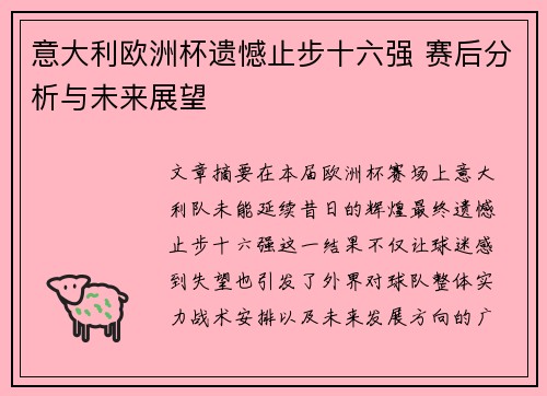 意大利欧洲杯遗憾止步十六强 赛后分析与未来展望